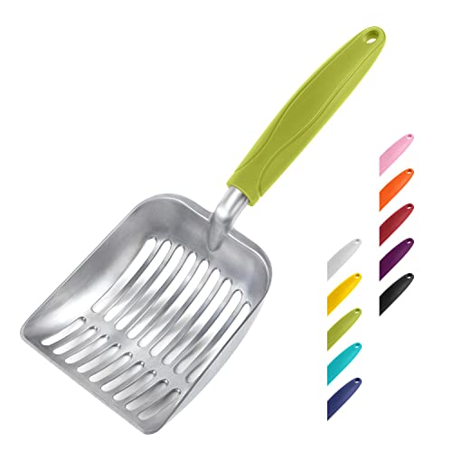 Cat Litter Scoop, Aluminum Alloy Sifter, Kitty Metal Scooper, Deep Shovel, Long Handle, Poop Sifting, Kitten Pooper Lifter, Durable, Heavy Duty, for Litter Box - color: FLAT Aluminum \ #03 Green Handle, size: Small