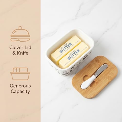 Cute Cat Kitten Print Ceramic Butter Dish with Bamboo Lid & Butter Knife, Covered Butter Keeper Container Fits Standard Western Butter Stick for Kitchen Countertop Fridge Storage - color: Black