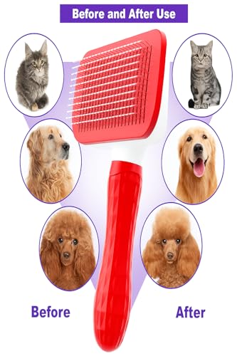 Self-Cleaning Slicker Brush, Dog Cat Bunny Pet Grooming Shedding Brush, Easy to Remove Loose Undercoat, Pet Massaging Tool Suitable for Pets with Long or Short Hair (Red) - color: Red