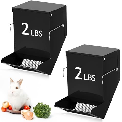 2 Pcs Rabbit Feeder for Cages Small Animal Food Pellet Dispenser with Lid Metal Chicken Grit Oyster Shell Squirrel Feeders Outside(4.7 Inches,Mesh Bottom,Black) - color: Black, size: 4.7 Inches, style: Mesh Bottom