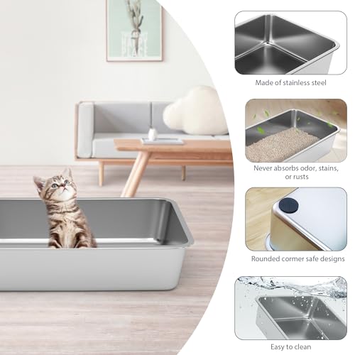 WENBOKMIN Stainless Steel Cat Litter Box - Litter Box for Cats - Easy to Clean, Never Absorbs Odor, Stains, or Rusts - Silver (17.7" L x 13.5" W x 4" H) - size: 17.7" L x 13.5" W x 4" H