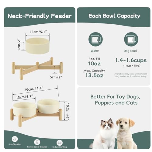 Havniva Elevated Dog Bowls Ceramic Dog Bowls with Stand, Dog Food Bowl | 5.1” Raised Dog Bowls with Non-Slip Wood Stand, Dog Food and Water Bowl Set, Double Dog Feeding Bowls for Small Dogs - color: 2 Bowls+Stand - Light Yellow, size: 5.1inch
