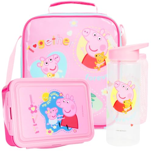 Get Trend Peppa Pig Girls Lunch Box 3Pc Set | Kids Insulated Lunch Bag with BPA-Free Water Bottle and Bento Box, Back to School Gifts for Girls - color: Pink Peppa Pig