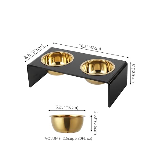 DBL2000B Keaton 5" Small/Medium Modern Lucite Rectangular Elevated Pet Feeder with 20oz 2-Stainless Steel Bowls, Black/Gold - color: Black/Gold, size: 20 Ounces (5" Cups 2-Pack)