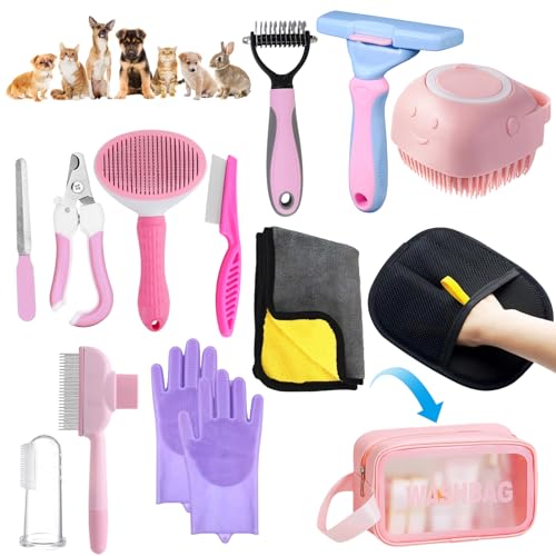 Aglads 12PCS Cat Rabbit Bunny Dog Grooming Kit,Self-Cleaning Slicker Brush&Deshedding Tool,Dematting Comb,Nail Clipper&File,Electrostatic Hair Removal Gloves,Complete Pet Grooming Supplies(12, pink) - color: Pink