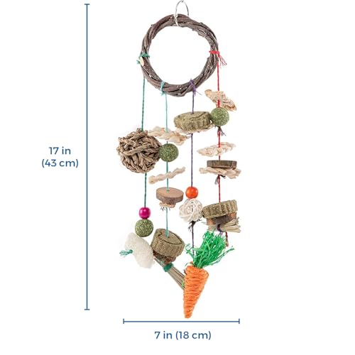 SunGrow Cage Hanging Rabbit Chew Toy, Handwoven Space-Saving Enclosure Accessory, Wooden Discs, Loofah Slices, Grass Ball & Compressed Hay, for Bunnies, Guinea Pigs, and Chinchillas, 17” x 7”, 1 Set