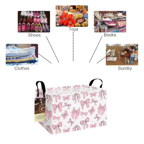 Rectangle Foldable Storage Basket Handles For Home, Pink Bow | Waterproof canvas material, reinforced handles, perfect for shelf use, organizes clothes, daily items and pet supplies - color: REC-Pink Bow