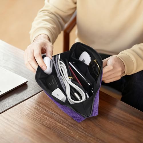 simtoper Electronic Organizer Travel Case – Waterproof Cable Bag for Cord, Charger, Hard Disk, Power Bank – Small Tech Storage for Travel, Backpack, Business Trip, Airplane - color: Purple Plaid, size: Large