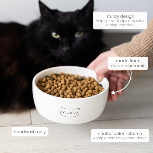 Pearhead Ceramic Meow Cat Bowl, Holds 12 oz, Modern Speckled White - color: Speckled "Meow", size: Single Bowl