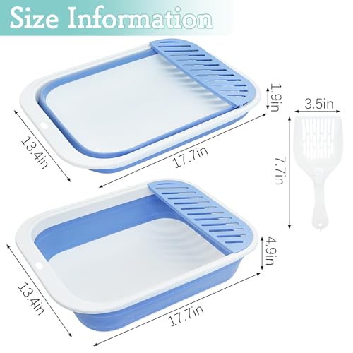 Fhiny Kitten Litter Box Portable Shallow Litter Box 17.7"x13.4"x4.9" Foldable Cat Toilet with Scoop Open Kitty Potty Pan with Litter Drop Pedal Easy to Clean Travel Kitten Toilet(Blue) - color: Blue-M