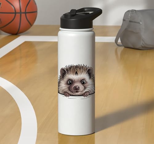 Hedgehog Cute Peeking Spiky Animal Lover Stainless Steel Insulated Water Bottle - color: White