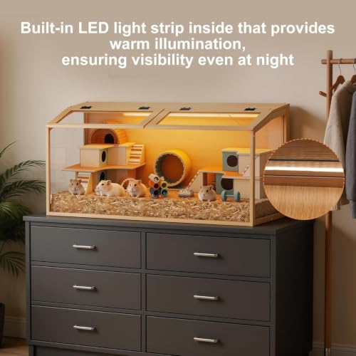 Hamster Cage: 40Inch Wooden Small Animal Cage with Warm Light | Extra Large Clear Hamster House Chewy Proof with Two Openable Breathable Top - size: 39.4"L x 19.7"W x 19.7"H