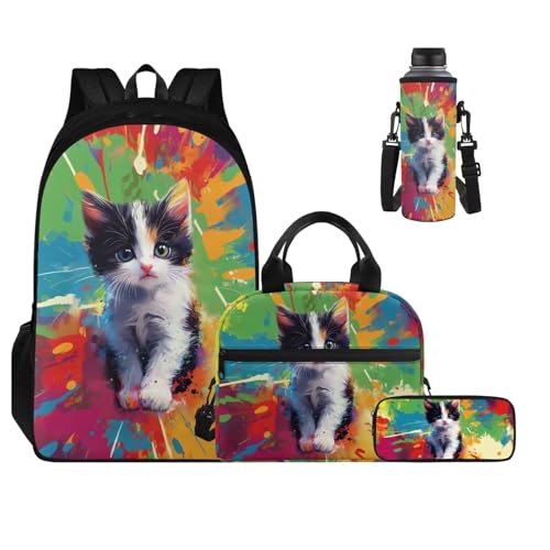 Girls Bookbag with Lunch Box Artist Cat School Bags for Girls 2Nd Grade Large Water Bottle Sleeve and Pencil Case 4 in 1 Compartment Primary Secondary Bag for Students/Child - color: Artist Cat