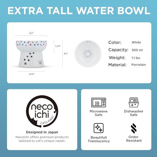 Necoichi Ceramic Elevated Cat Water Bowl, Whisker-Friendly (Colorful Dots, Extra Tall) - color: colorful Dot, size: Extra Tall
