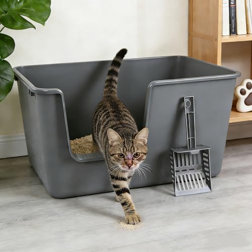 Set of 4 Open Top High Sided Cat Litter Pan, Large Cat Litter Box | Easy Entry, Tall Walls Help Reduce Scatter, Durable Plastic, Ideal for Big Cats and Multi-Cat Homes, with Scoops, Grey