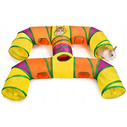 Cat Tunnels for Indoor Cats, Pet Tube Toy with Play Balls | H-4-Way Collapsible Tunnel with Interactive Hole for Kitty, Kitten, Rabbit, Puppy (Rainbow) - color: Rainbow