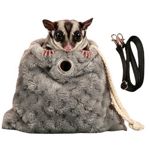 Sugar Glider Bonding Pouch Warm Travel Carrier Hamster Nest & Strap (Grey) | Extra-thick plush carrier for sugar glider & hamster. Features multi-hole ventilation, ideal for short travel with small pets - color: Grey