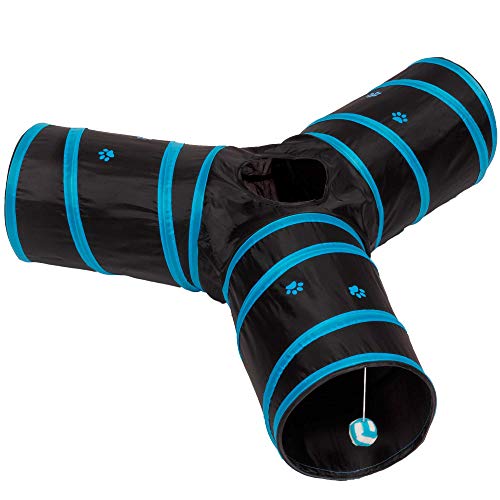 Cat Tunnel - Collapsible 3 Way Play Toy - Tube Fun for Rabbits, Kittens, and Dogs - Black/Aqua - color: Black/Aqua