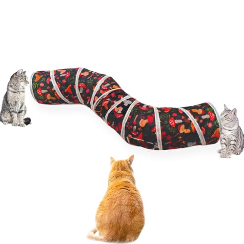 Cat Tunnel, Cat Tunnels for Indoor Cats, S-Shape Foldable Cats Cave | Interactive Toy Pet Tube with Interactive Peephole Crinkle Sounds for Rabbits, Kittens, Ferrets, Puppy Playing & Exploring - color: S - 2 Way Mushroom