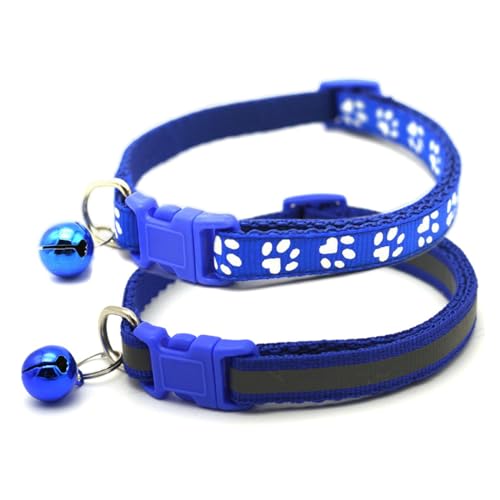 Puppy Collar with Bell, 2-Pack Basic & Reflective Cat Collar with Bells for XXS Xs Small Pet Dogs Boy Tiny Kitten Male Animal, Blue Neck 7-12 inch | Paw Print & Reflective Style, Removable bell, Adjustable, For XXS XS Tiny Male Dogs & Boy Cats Kitten,10 C