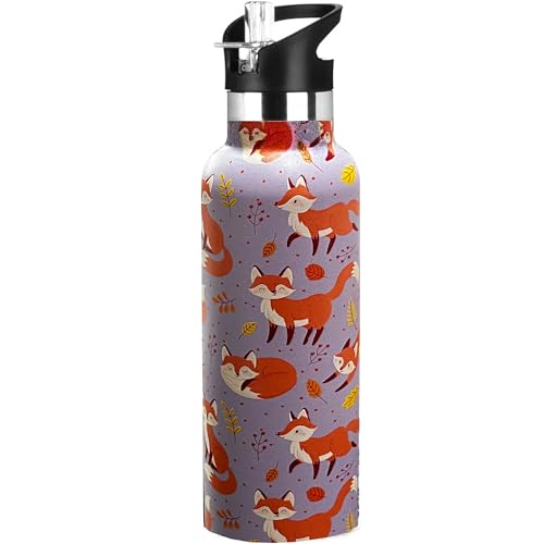 Kids Water Bottle with Straw,Fox Bottle Vacuum Insulated Stainless Steel Travel Mugs Tumbler For Sport School Outdoor 20 oz - color: Brown Fox