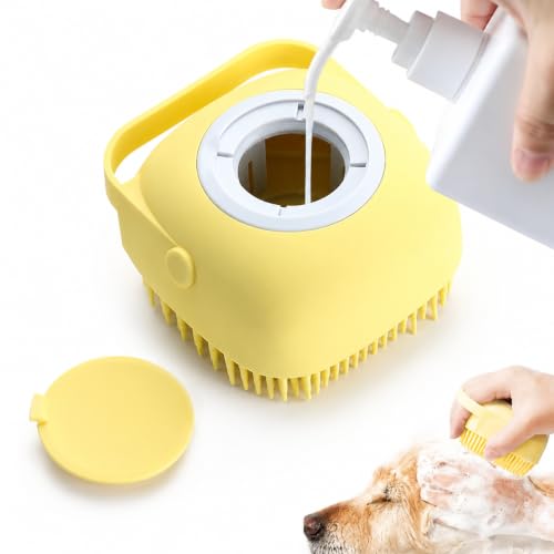 Pet Grooming Bath Brush with Soap Dispenser, Soft Silicone Bristle Massage Brush for Dogs and Cats, Shower Bathing Tool for Long Short Hair