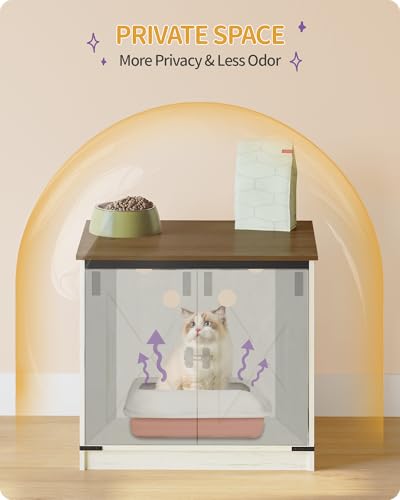 Hzuaneri Cat Litter Box Enclosure, Hidden Litter Box Furniture with Divider | Wooden Cat Cabinet with Removable Dividers, Reversible Entrance Left or Right Side, Cat Washroom, Rustic White Brown CB84514X - color: Rustic White and Brown, size: 23.6"L x 19.