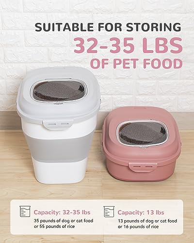 30-35Lbs Airtight Dog Food Storage Container,Collapsible Dog Food Container | Large Pet Food Storage Container with Double Airtight Seal & Magnetic Lid,Dog Food Bin with Wheels,2Pcs Containers,Scoop,Pink - color: Pink