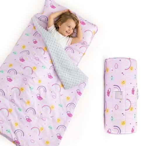 david's kids Minky Toddler Nap Mat with Pillow and Minky Fleece Blanket, 55"x23",Ultra Soft Slumber Bags for Kids, Perfect for Preschool, Daycare, Kids Sleeping Bags with Rollup Design, Rainbow - color: Rainbow