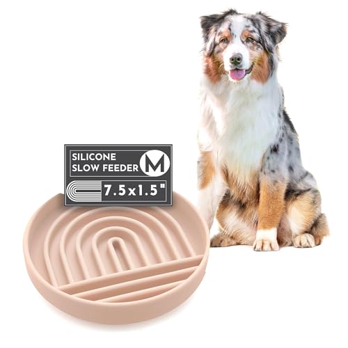 Slow Feeder Dog Bowls - Medium Size Silicone Slow Eating Dog Bowl for Puppies & Dogs with Suction Cup -Dishwasher-Safe, Lick Mat Design, Reduces Gulping,for All Breeds,7.5”x1.5”- Tan - color: Tan - Rainbow Design, size: Medium (7.5” Across x 1.5” Tall)