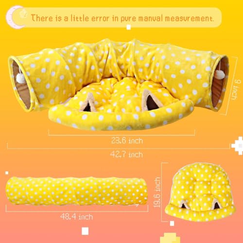 BWOGUE Bunny Tunnel Bed, 2-in-1 Collapsible Tunnel Tubes Toys with Removable Mat Hideout for Cats Kittens Rabbits Guinea Pigs Kitty - color: Yellow