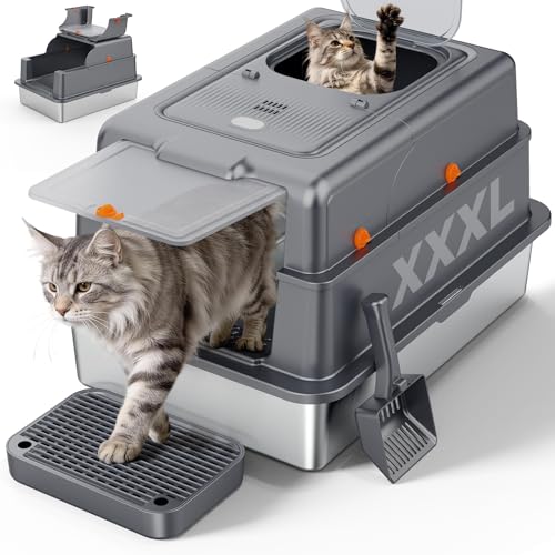 FURTIME XXXL Extra Large Enclosed Stainless Steel Litter Box with Lid | Large Enclosed Cat Litter Box for Big Cats, Metal Cat Box with High Sided Enclosure & Scoop, Grey - color: Grey, size: XXX-Large