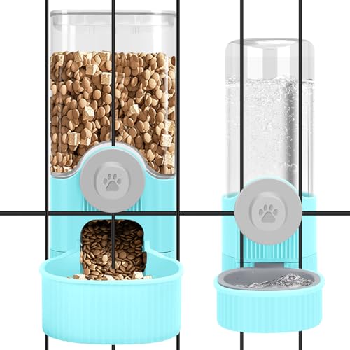 Yummy Sam Hanging Cage Automatic Small Pet Food Bowl Water Bottle Dispenser, Detachable Auto Gravity 1.2L Self-Feeding Feeder and 0.52L Waterer Set Kennel Feeding Station for Puppy Cats(Sky Blue) - color: Sky Blue