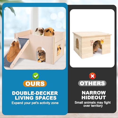 PAWCHIE Wooden Guinea Pig Hideout with Pee Pad Set, Detachable Small Animal House Bed Hut Habitats with Stairs and Windows, Bunny Hideout Castle for Indoor Hamsters Chinchilla Gerbil Playing Hiding - color: Rectangular Hut with Pee Pad and Stairs
