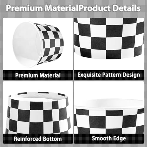 120 Pcs Race Car Ice Cream Cups 12 Oz Disposable Soup Bowls | Racing Checkered Dessert Bowls Disposable Black and White Plaid Large Snack Cups for Fruits Birthday Class Party Supplies - style: Racing Checker Cups