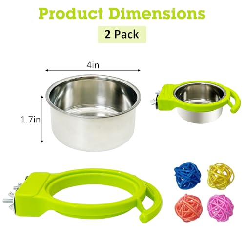 Stainless Steel Bird Bowls for Cage 2 Pcs Parrot Feeding Dish Metal Food and Water Cups Detachable Birds Cage Feeder Hanging Finch Food Plates with Perch for Parakeet Budgie Lovebird (Green) - color: Green