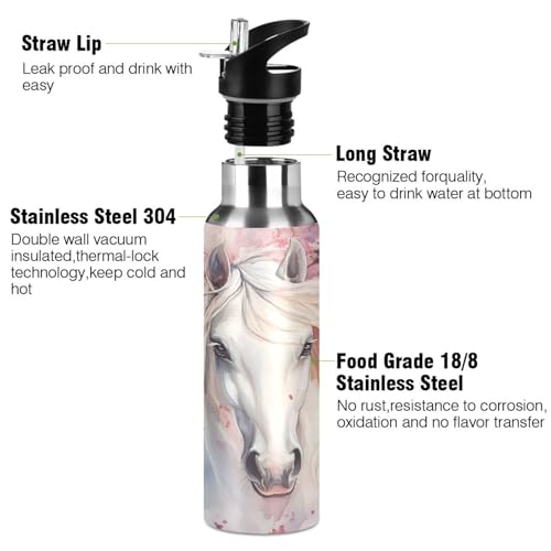 Horse Cherry Blossom Girls Water Bottle Insulated Sports Vacuum Stainless Steel Mug with Straw Lid & Handle 20 oz - color: D16