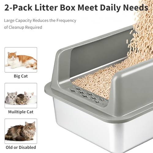 Kirecoo 2 Pack Large Semi-Enclosed Stainless Steel Cat Litter Box with Lid | Scoop Included, Sturdy Metal Box, Anti-Leakage, Odor Free, Easy to Clean, For Big Cats & Kittens, Multi-Cat Friendly - size: Large