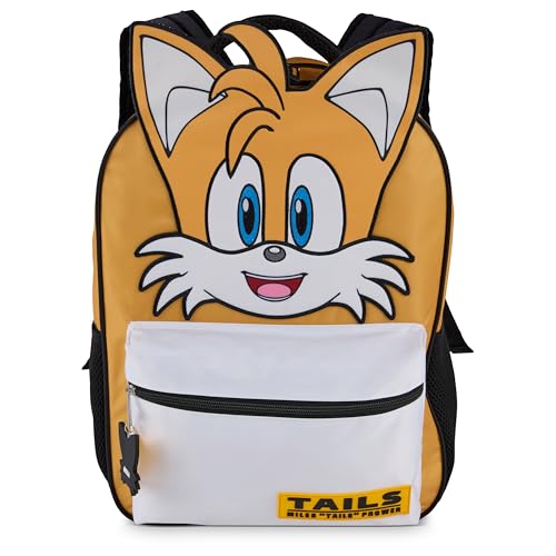 AI ACCESSORY INNOVATIONS Sonic The Hedgehog Backpack for Boys & Girls, Tails Big Face 16 Inch Schoolbag with Tails Rubber Molded Dangle, Yellow - style: Tails