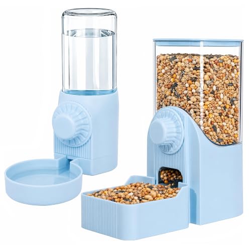Automatic Rabbit Feeder and Water Dispenser Set,54oz Gravity Food Feeder&17oz Leak-Proof Water Bottle for Guinea Pigs,Hamsters,Chinchillas,Ferrets, Small Animals,Cage Mount Feeding Station Blue