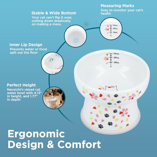 Necoichi Ceramic Elevated Cat Water Bowl, Whisker-Friendly (Cat, Regular) - color: Sakura, size: Extra Tall