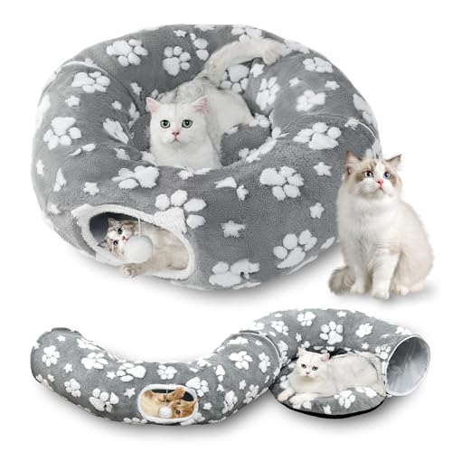 Cute Round Cat Tunnel for Indoor Cats, Grey | Peekaboo Cave with Dangling Balls, Pet Donut Tunnel Bed with Circle Mat for Puppy Kitten Rabbit - color: Grey Paw, size: Round