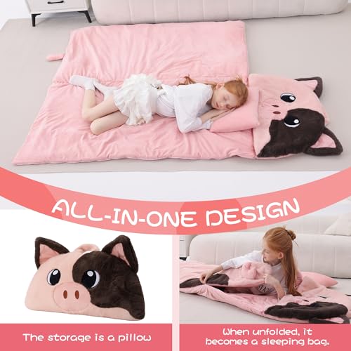 70" 4.2lbs Kids Sleeping Bag with Pillow Pink Pig Toddler Nap Mat | Sleep Sack 2-in-1 Sleeping Mat& Blanket Washable Roll-Up w/ Handle For Daycare Kindergarten Thick Soft & Portable In Gift Box - color: Pig-Pink