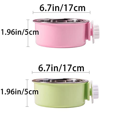 Crate Dog Bowl,Removable Stainless Steel Water Food Feeder Bowls Crate Coop Cup,Pet Cage Bowls with Bolt Holder for Cat, Puppy, Birds, Rats, Rabbits Small Animals ((Green+Pink) Round, Large) - color: (Green+Pink) Round, size: Large