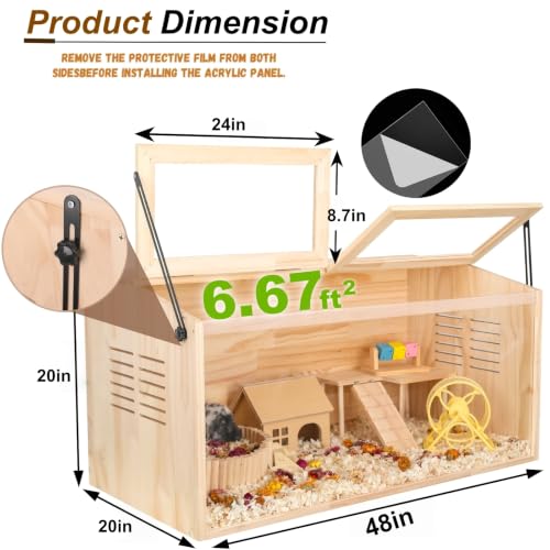 Wooden Hamster Cage,Chewproof,48" Lx20 Wx20 H，Animal Cabinet for Dwarf Syrian Hamsters Degus, Hamster Habitat with Openable Top and Large Acrylic Sheets. - size: 48.0"L x 20.0"W x 20.0"H