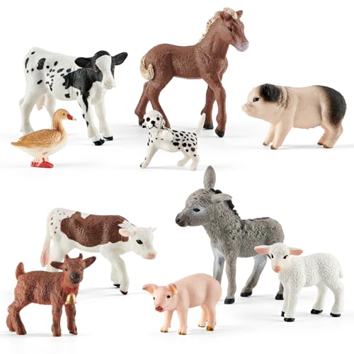 Divwa 10 Pcs Baby Plastic Farm Animal Toy Figure Set for Toddler Kid 3-5 5-7 Cow Horse Goat Sheep Pig Donkey Goose Dog