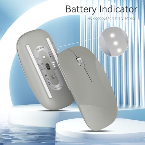TENMOS M18 Bluetooth Mouse, USB C Rechargeable Wireless Mouse, Silent-Grey | Tri-Mode BT5.1/5.0+2.4G, Quiet Click, Portable, Battery Level Visible, USB Receiver,Type C Adapter, for Laptop/MacBook/iPad - color: grey