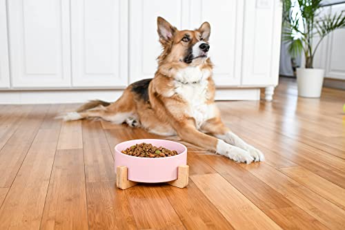 NAT & Jules Large Pink 8 inch Stoneware Ceramic and Wood Pet Bowl with Stand - color: Pink