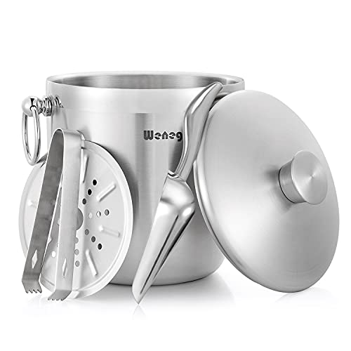 Ice Bucket with Lid, Scoop, Tongs and Strainer - Well Made Insulated Stainless Steel Keep Ice Frozen Longer - Ideal for Cocktail Bar, Parties, Chilling Wine, Champagne - 3 Liter (Stainless Steel) - color: Stainless Steel