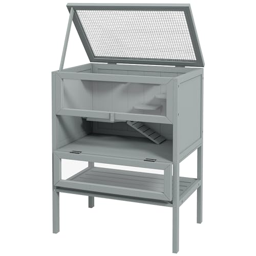 PawHut 3-Tier Wooden Hamster Cage Mice and Rat Cage Gray | Small Animals Hutch, Openable Top, Storage Shelf - color: Gray